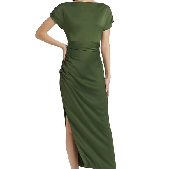Lela Rose Heather Crepe Satin Ruched Dress Gown Forest Green - Picture 1 of 14